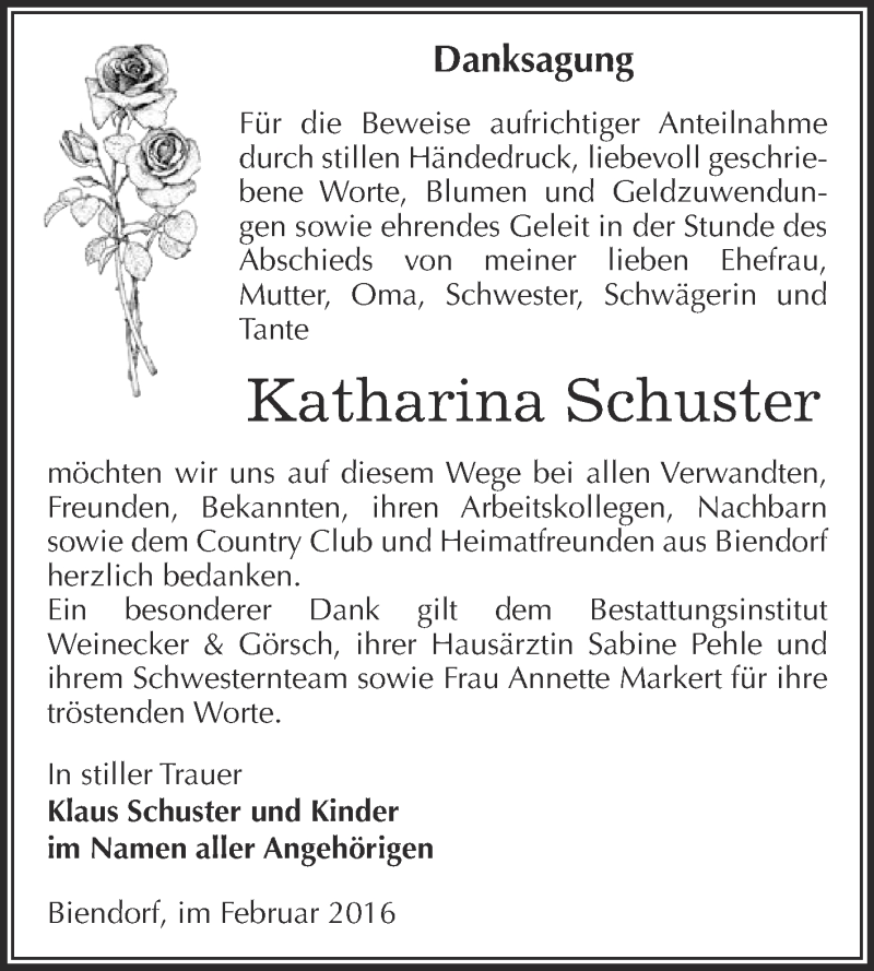  Traueranzeige für Katharina Schuster vom 05.03.2016 aus Super Sonntag Bernburg