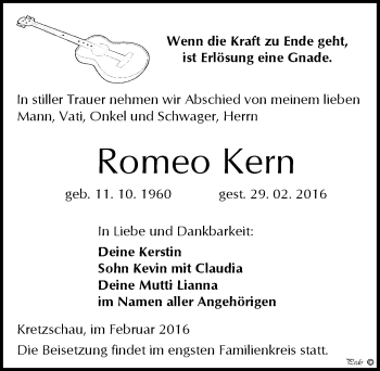 Traueranzeige von Romeo Kern von Mitteldeutsche Zeitung Zeitz