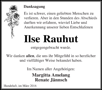 Traueranzeige von Ilse Rauhut von WVG - Wochenspiegel Dessau / Köthen