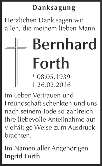 Traueranzeige von Bernhard Forth von WVG - Wochenspiegel Dessau / Köthen