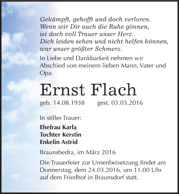 Traueranzeige von Ernst Flach von Mitteldeutsche Zeitung Merseburg/Querfurt