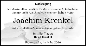 Traueranzeige von Joachim Krenkel von Mitteldeutsche Zeitung Merseburg/Querfurt