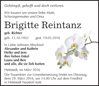 Traueranzeige von Brigitte Reintanz von Mitteldeutsche Zeitung Mansfelder Land