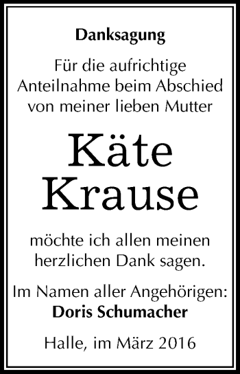 Traueranzeige von Käte Krause von Mitteldeutsche Zeitung Halle/Saalkreis