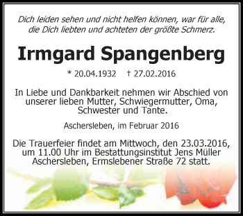 Traueranzeige von Irmgard Spangenberg von Super Sonntag Aschersleben