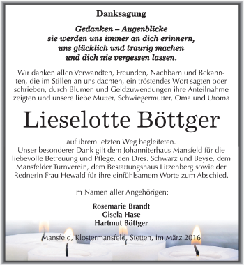 Traueranzeige von Lieselotte Böttger von Mitteldeutsche Zeitung Mansfelder Land
