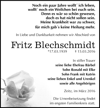 Traueranzeige von Fritz Blechschmidt von Mitteldeutsche Zeitung Zeitz