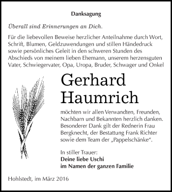 Traueranzeige von Gerhard Haumrich von Super Sonntag SGH Mansf. Land