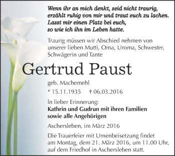 Traueranzeige von Gertrud Paust von Super Sonntag Aschersleben