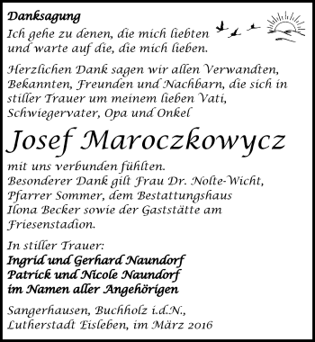 Traueranzeige von Josef Maroczkowycz von Mitteldeutsche Zeitung Sangerhausen