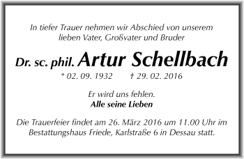 Traueranzeige von Artur Schellbach von Mitteldeutsche Zeitung Halle/Saalkreis