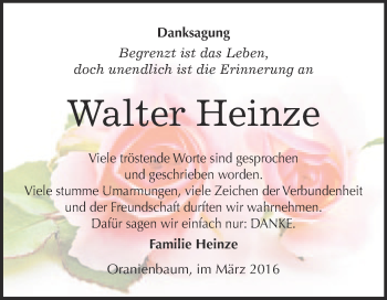 Traueranzeige von Walter Heinze von WVG - Wochenspiegel Wittenberg