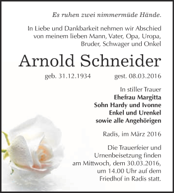 Traueranzeige von Arnold Schneider von WVG - Wochenspiegel Wittenberg