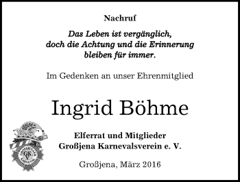 Traueranzeige von Ingrid Böhme von Mitteldeutsche Zeitung Naumburg/Nebra