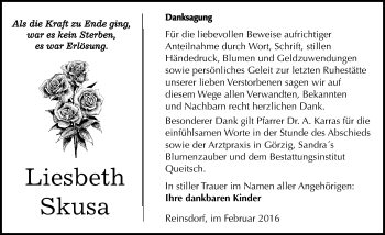 Traueranzeige von Liesbeth Skusa von Mitteldeutsche Zeitung Köthen