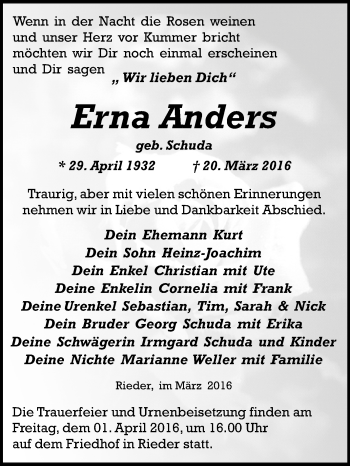 Traueranzeige von Erna Anders von WVG - Wochenspiegel Quedlinburg