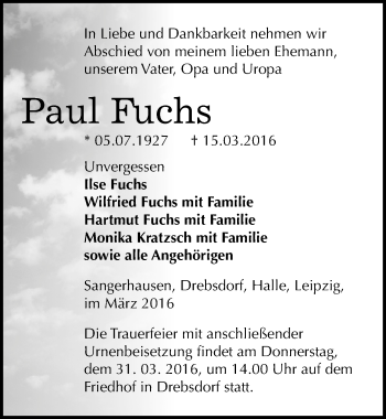 Traueranzeige von Paul Fuchs von Mitteldeutsche Zeitung Sangerhausen