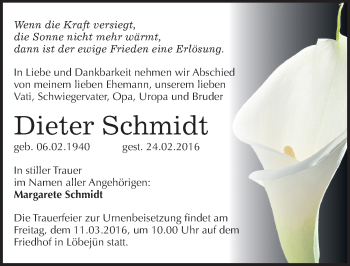 Traueranzeige von Dieter Schmidt von Mitteldeutsche Zeitung Halle/Saalkreis