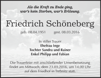 Traueranzeige von Friedrich Schöneberg von Super Sonntag Bernburg