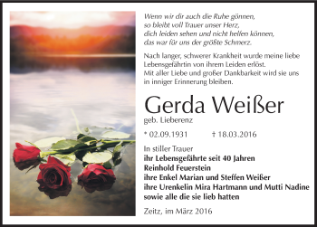 Traueranzeige von Gerda Weißer von Mitteldeutsche Zeitung Zeitz