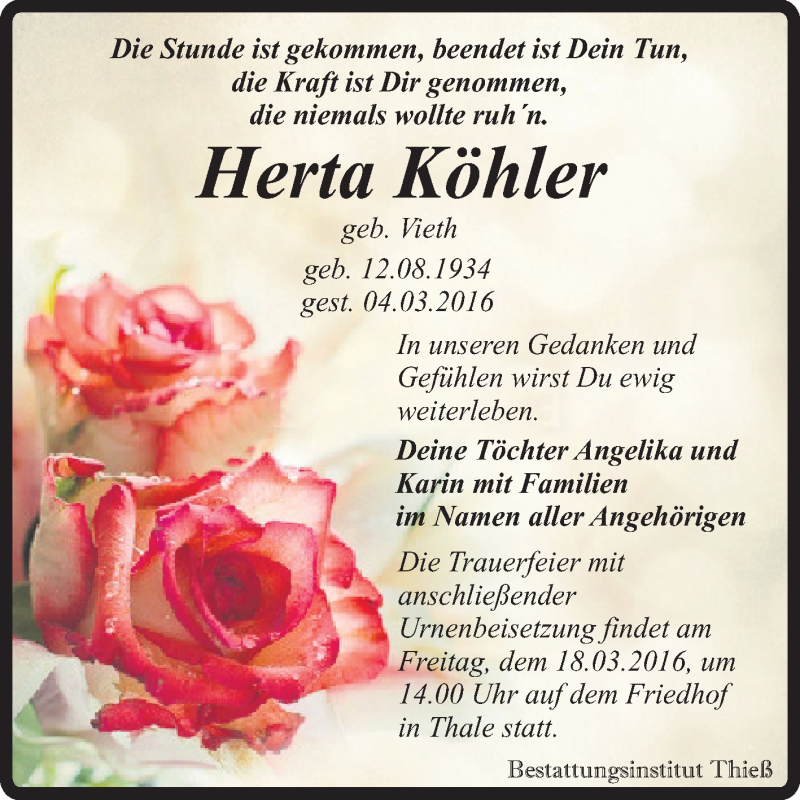  Traueranzeige für Herta Köhler vom 12.03.2016 aus Super Sonntag Quedlinburg