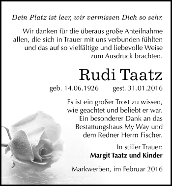 Traueranzeige von Rudi Taatz von Mitteldeutsche Zeitung Weißenfels