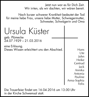 Traueranzeige von Ursula Küster von Mitteldeutsche Zeitung Bitterfeld