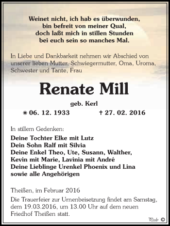 Traueranzeige von Renate Mill von Super Sonntag Zeitz