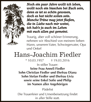 Traueranzeige von Hans-Joachim Fiedler von WVG - Wochenspiegel NMB / WSF / ZTZ