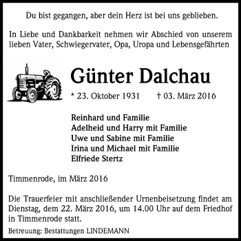 Traueranzeige von Günter Dalchau von Super Sonntag Quedlinburg
