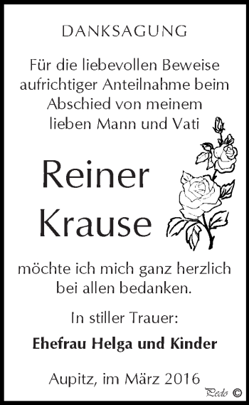 Traueranzeige von Reiner Krause von WVG - Wochenspiegel NMB / WSF / ZTZ