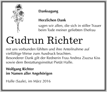 Traueranzeige von Gudrun Richter von Mitteldeutsche Zeitung Halle/Saalkreis