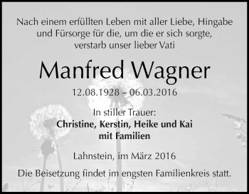 Traueranzeige von Manfred Wagner von Super Sonntag Zeitz