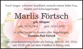 Traueranzeige von Marlis Förtsch von Mitteldeutsche Zeitung Halle/Saalkreis