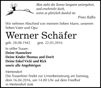 Traueranzeige von Werner Schäfer von Mitteldeutsche Zeitung Naumburg/Nebra