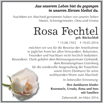 Traueranzeige von Rosa Fechtel von Wochenspiegel Mansfelder Land