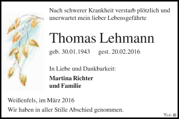 Traueranzeige von Thomas Lehmann von WVG - Wochenspiegel NMB / WSF / ZTZ