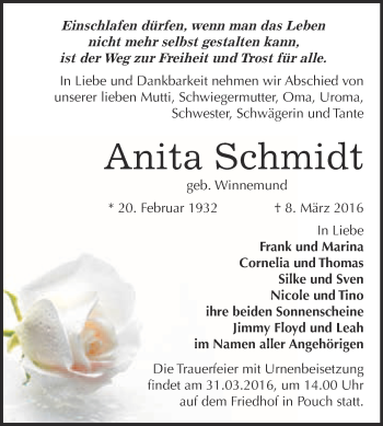 Traueranzeige von Anita Schmidt von WVG - Wochenspiegel Bitterfeld