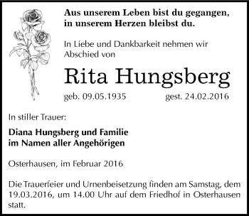 Traueranzeige von Rita Hungsberg von Mitteldeutsche Zeitung Mansfelder Land