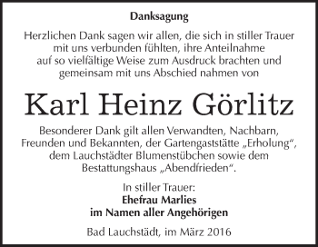 Traueranzeige von Karl Heinz Görlitz von WVG - Wochenspiegel Merseburg