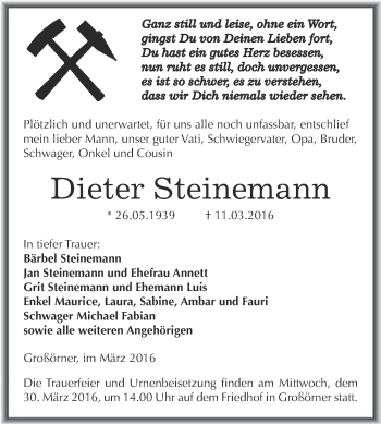 Traueranzeige von Dieter Steinemann von Wochenspiegel Mansfelder Land