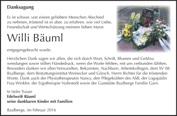 Traueranzeige von Willi Bäuml von Super Sonntag Bernburg