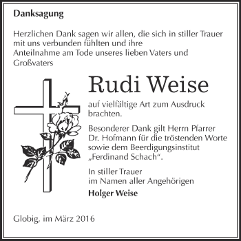 Traueranzeige von Rudi Weise von WVG - Wochenspiegel Wittenberg