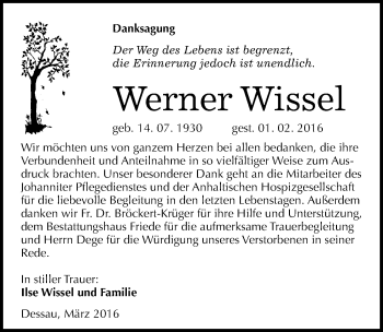 Traueranzeige von Werner Wissel von Mitteldeutsche Zeitung Dessau-Roßlau