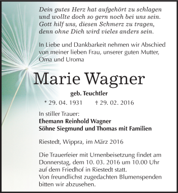 Traueranzeige von Marie Wagner von Mitteldeutsche Zeitung Sangerhausen