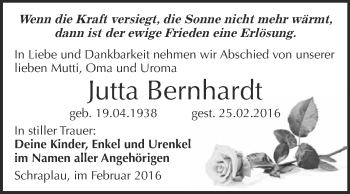 Traueranzeige von Jutta Bernhardt von WVG - Wochenspiegel Merseburg