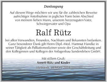 Traueranzeige von Ralf Rütz von Mitteldeutsche Zeitung Mansfelder Land