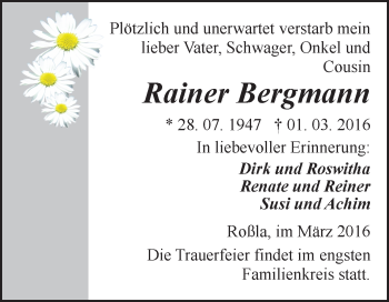 Traueranzeige von Rainer Bergmann von Super Sonntag SGH Mansf. Land