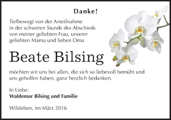 Traueranzeige von Beate Bilsing von Mitteldeutsche Zeitung Aschersleben