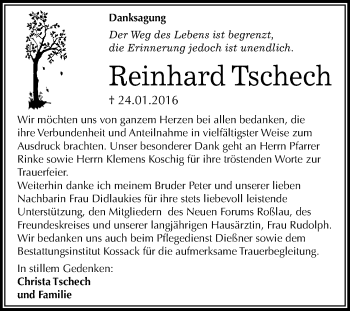 Traueranzeige von Reinhard Tschech von WVG - Wochenspiegel Dessau / Köthen